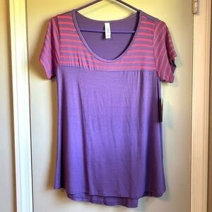 NEW LuLaRoe Women’s Purple Classic A-line Tee With Pink Striped Sleeves Sz XS